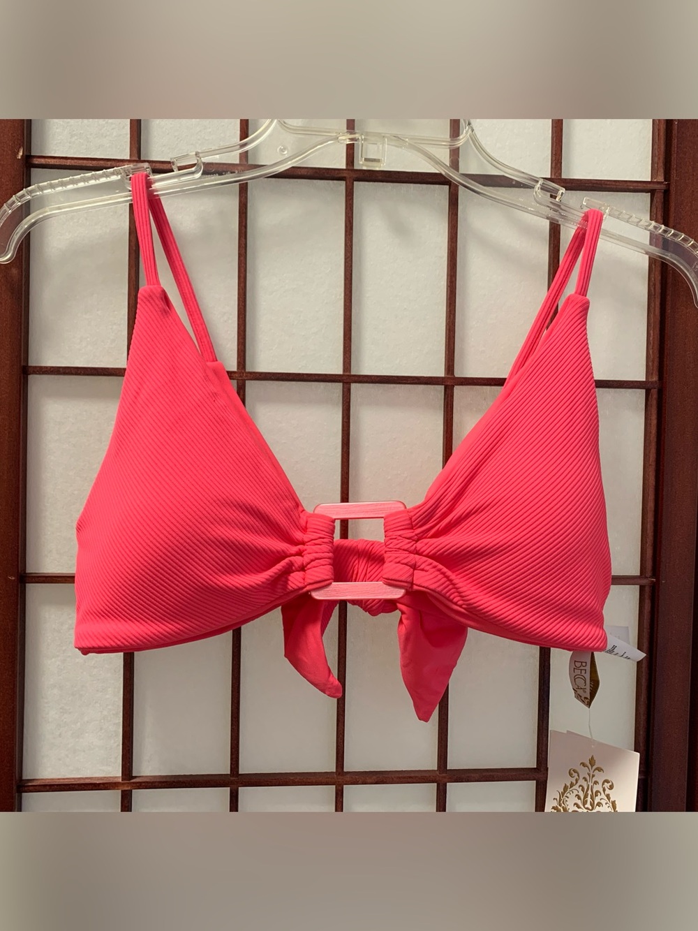 NWT BECCA Vibrant Coral Pink Tie Back Ribbed Bikini Top in Size L/Fits like M